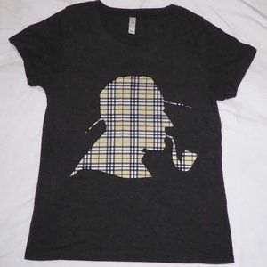 SHERLOCK HOLMES WOMENS GRAY SHIRT ULTRA SOFT BELLA PLAID SILHOUETTE L/XL/2XL